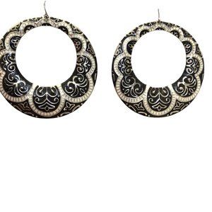 Vintage 90s Statement Hoop Earrings Black White Silver Embossed Dangle Large